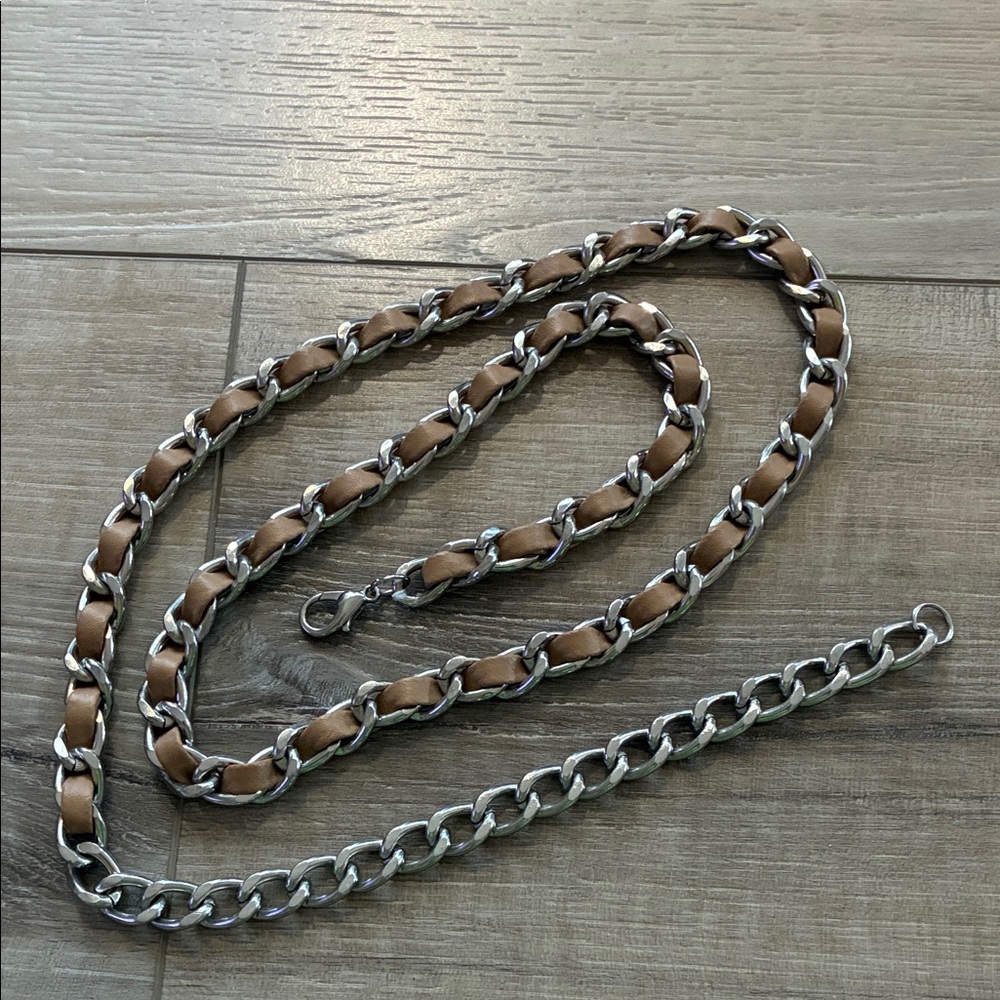 Women’s Silver With Tan Leather Intertwined Chain Adjustable Belt